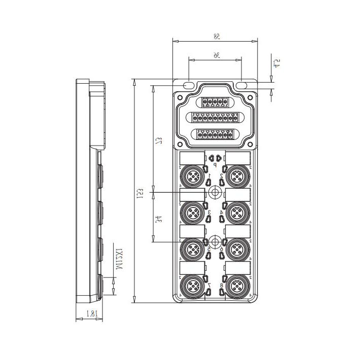 M12 junction box, dual channel, Without LED, 8-port split, PCB terminal, 24W80N