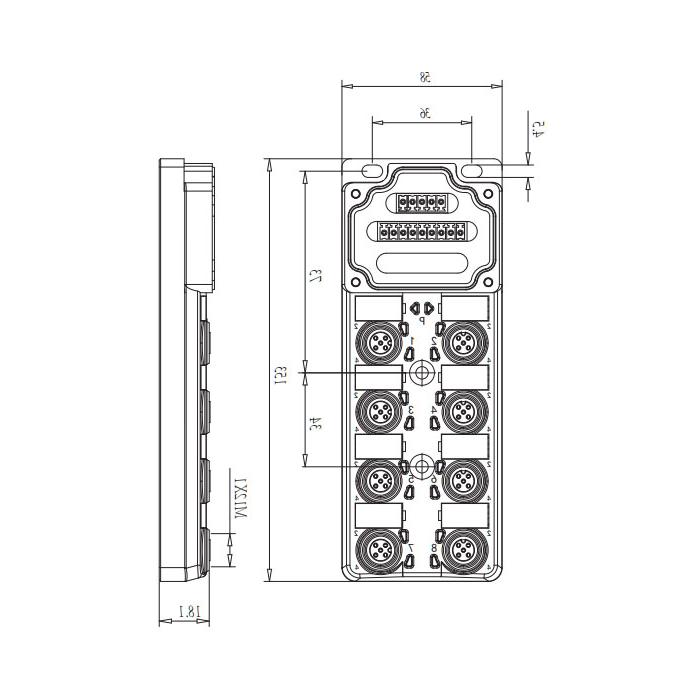 M12 junction box, single channel, Without LED, 8-port split, PCB terminal, 24W80E