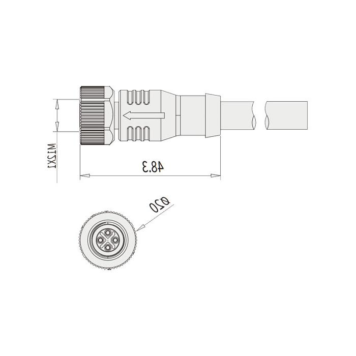 M12 4-pin S-coded, straight female, single-end precast PUR flexible cable, black sheath, 64SP05-XXX