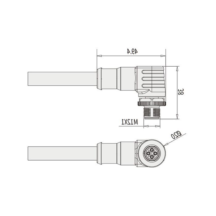 M12 4-pin S-coded, male 90°, single-end precast PUR flexible cable, black sheath, 64SP65-XXX